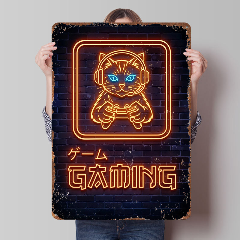 Neon Gaming Cat Printed Poster - Retro Gaming At review and price