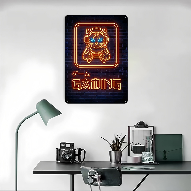 Neon Gaming Cat Printed Poster - Retro Gaming At review and price